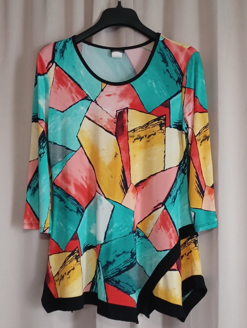 Fashion Caribe Colorful Geometric Pattern Tunic Sz S Asymetrical Hem Stretch